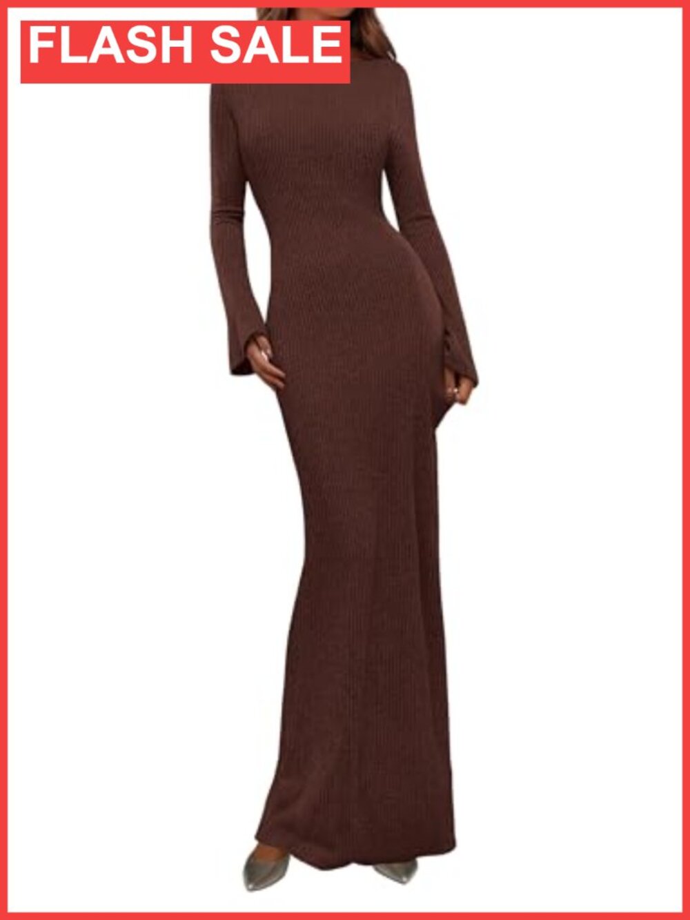 Women's Long Sleeve Bodycon Maxi Dress Ribbed Knit Boat Neck Bell Sleeve